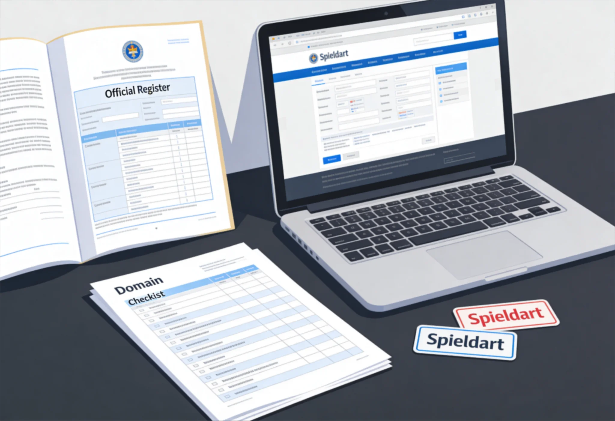 Schematische Darstellung einer offiziellen Erlaubnisprüfung mit Register, Website und Spielart