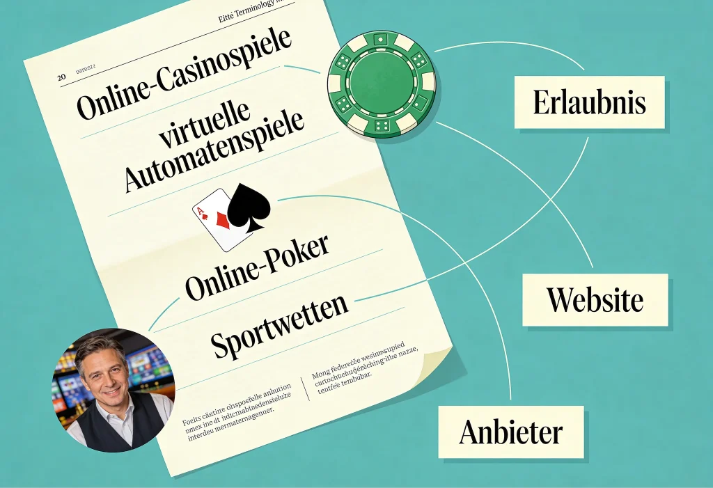 Begriffslandkarte zu Online-Casinospielen, virtuellen Automatenspielen und Erlaubnisprüfung